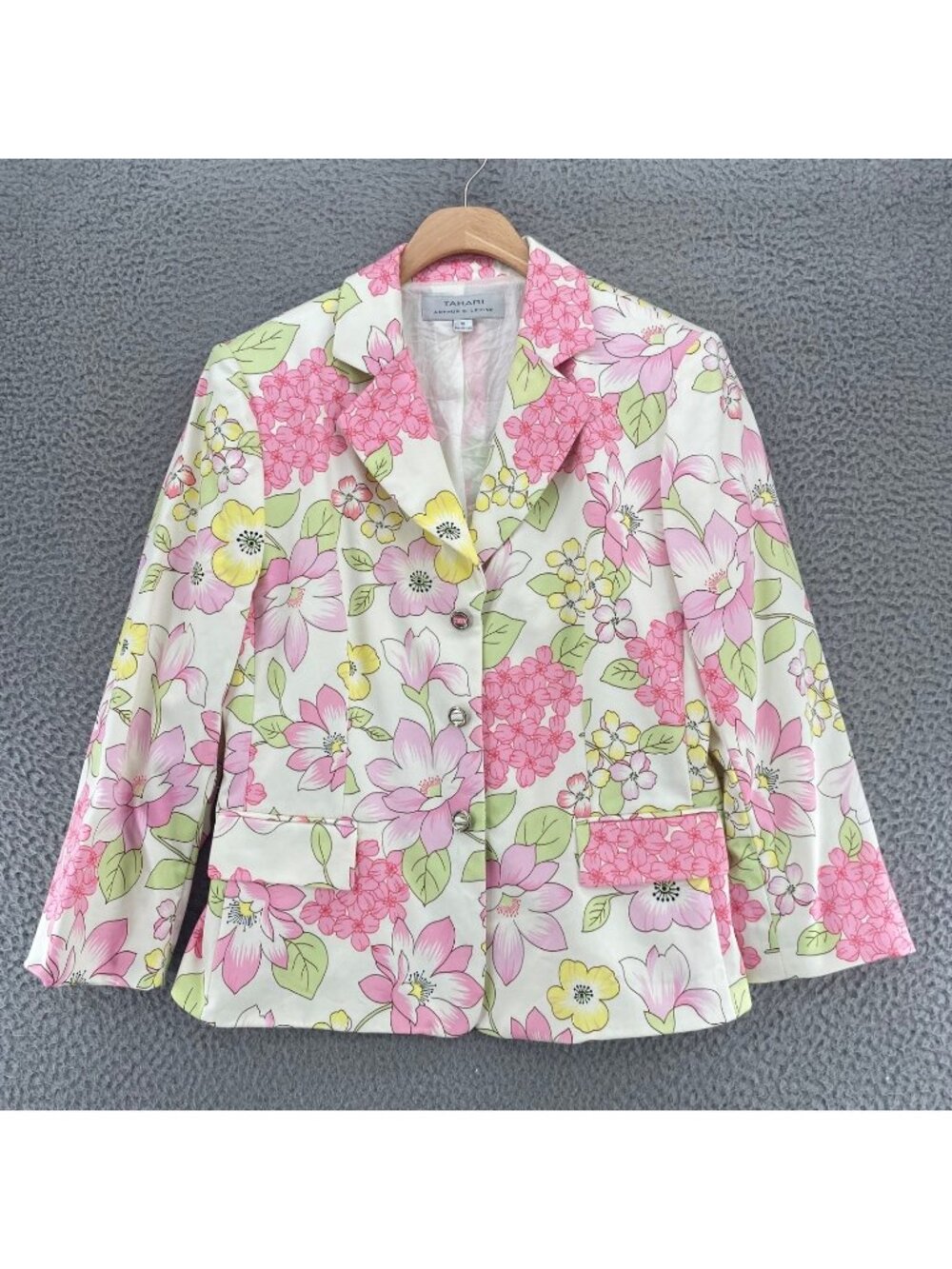 Tahari Blazer Womens 10 Pink Multi Floral 3/4 Sleeve Pockets Notch Lapel Jacket
